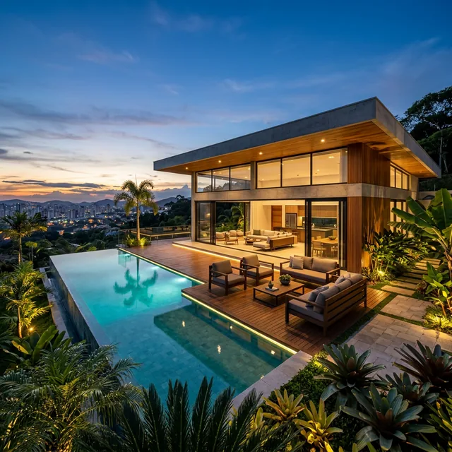 Casa Moderna com Piscina e Jardim Tropical